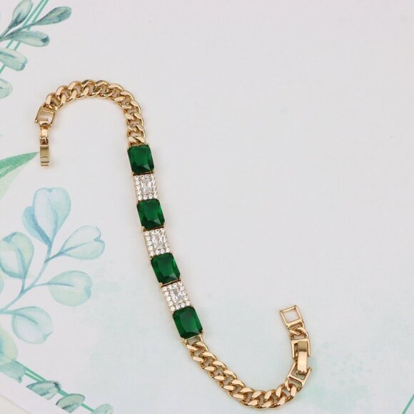 "Elegant Rose Gold Bracelet with Emerald Green and White Stones, XPBL0809 - Picture 5 of 12